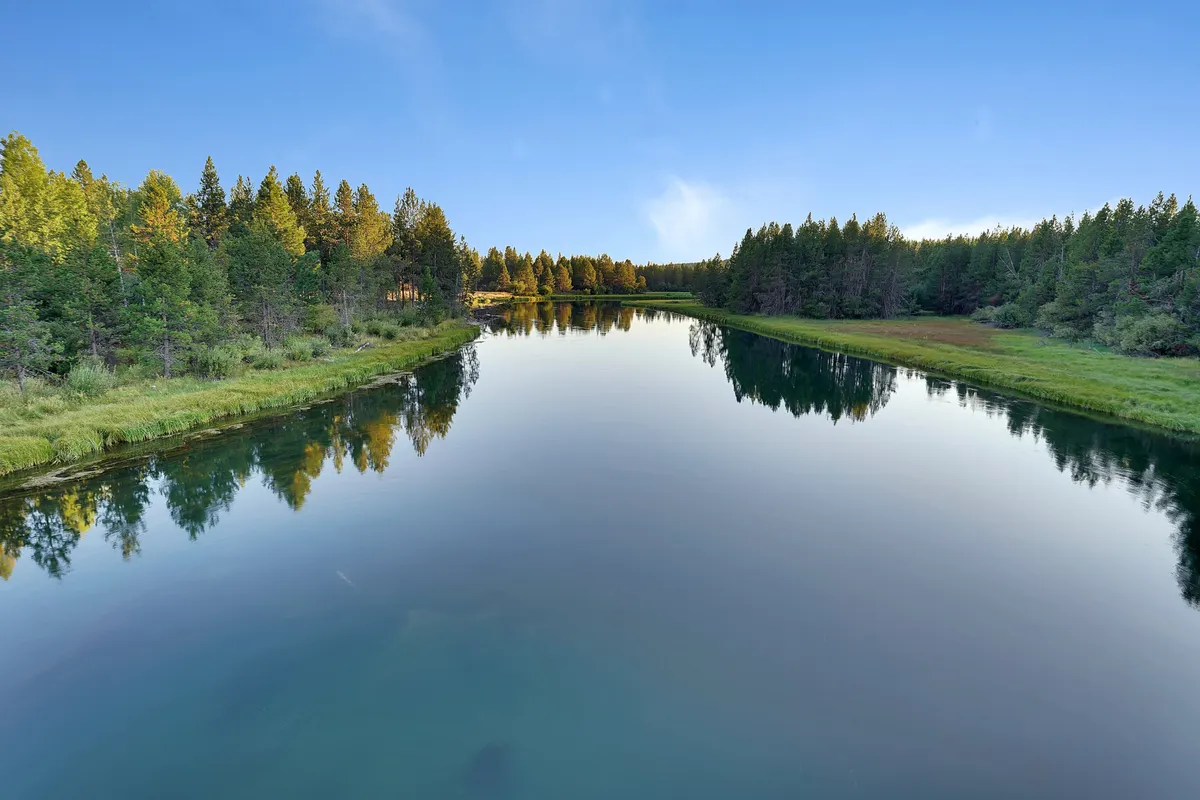 A tranquil view of a calm river bordered by lush greenery and reflected trees, providing a serene natural backdrop. This scene highlights opportunities for group hikes, riverside picnics, and peaceful moments immersed in nature.